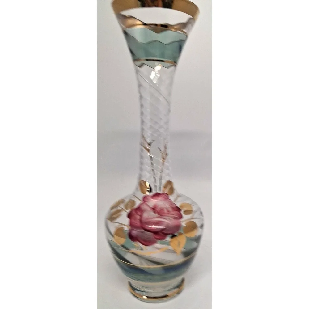 Vintage Bohemian Glass Vase with Enamel Rose Decoration and Gold Accents